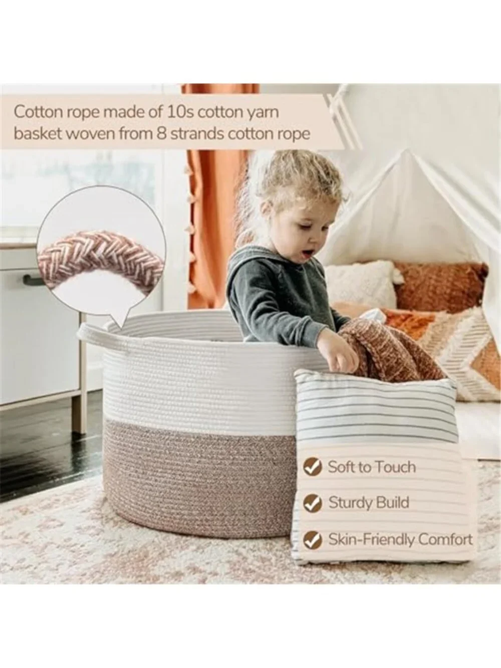 New XXXLarge Woven Rope Blanket Basket Living Room Brown, 90L